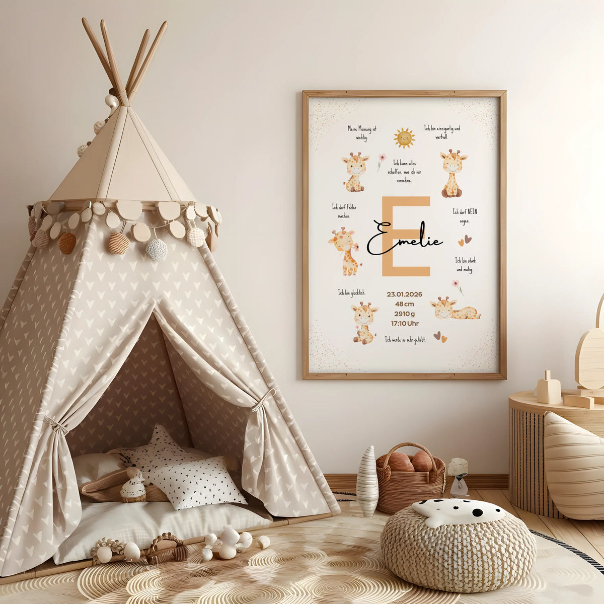 Personalisiertes Affirmationsposter mit Giraffen im Kinderzimmer über einem Spielzelt mit Dekoration.