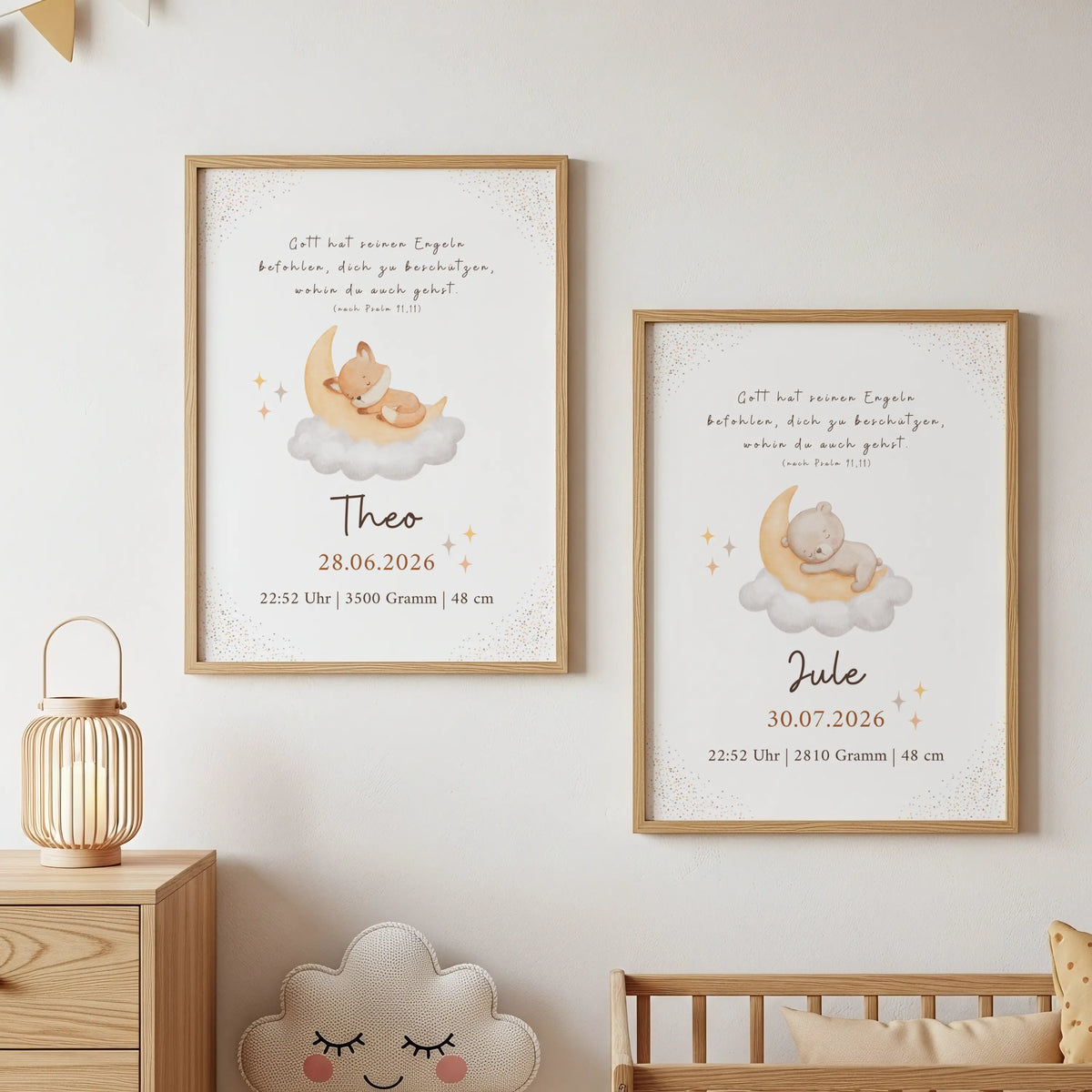 Christliches Geburtsposter mit Bibelvers und Mondmotiv, personalisiert für Theo und Jule, niedliches Design mit Wolken.