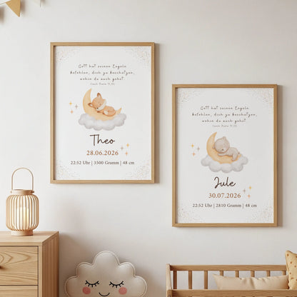 Christliches Geburtsposter mit Bibelvers und Mondmotiv, personalisiert für Theo und Jule, niedliches Design mit Wolken.