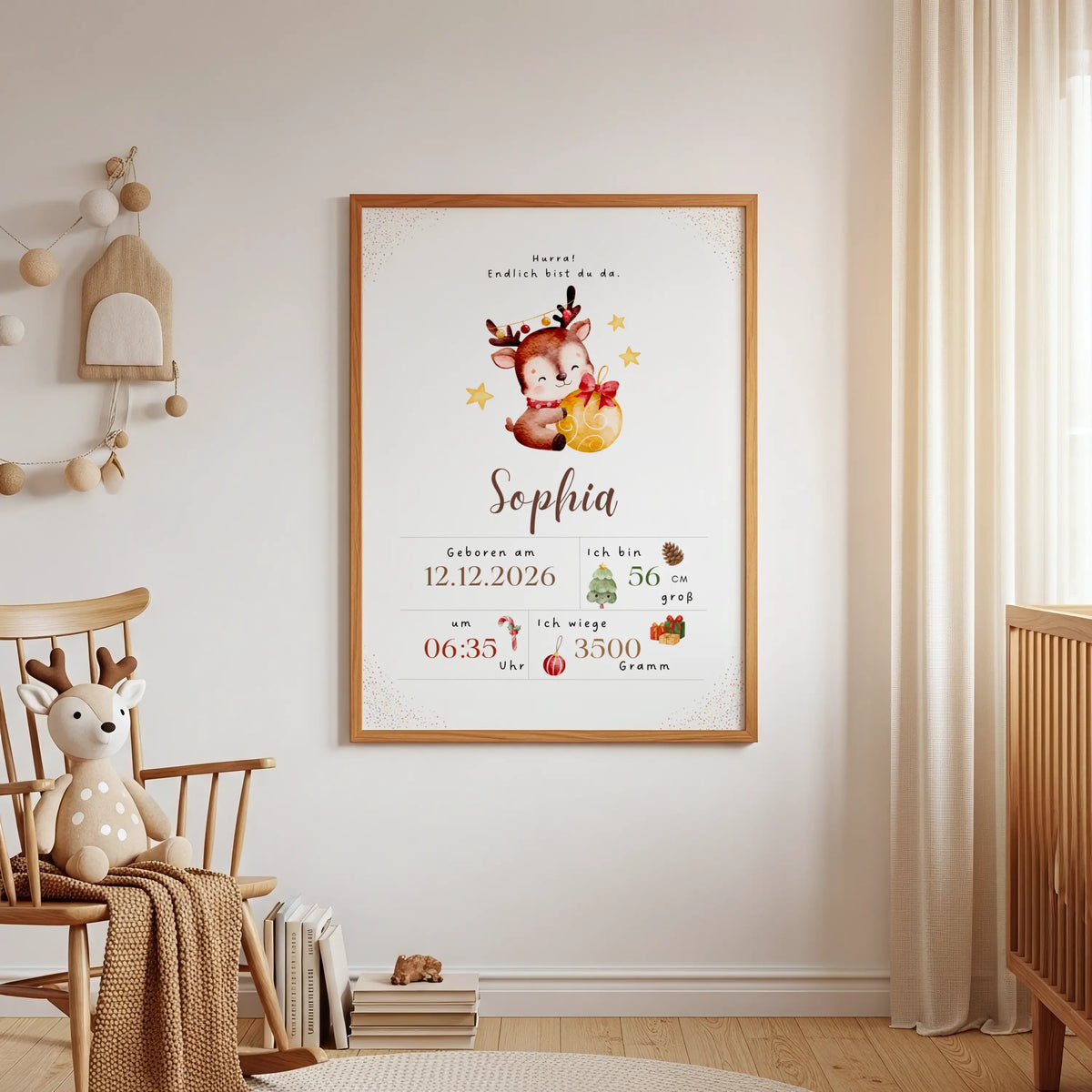 Personalisiertes Geburtsposter Weihnachten mit Rentier als Wandbild fürs Babyzimmer