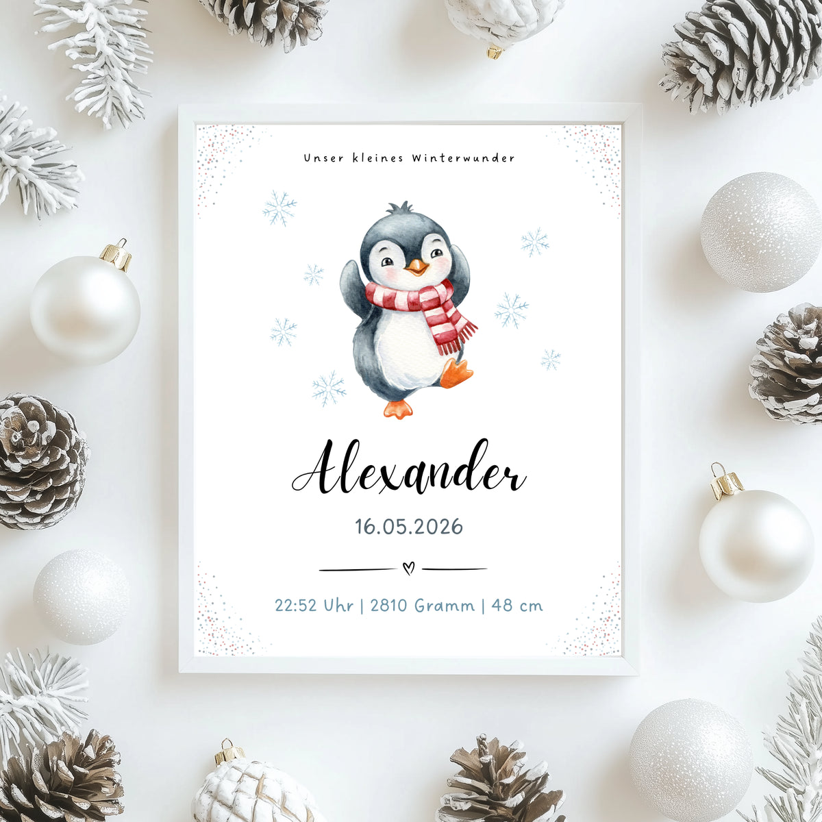 Personalisiertes Geburtsposter Winterbaby mit Pinguin zu Weihnachten Weihnachtsposter