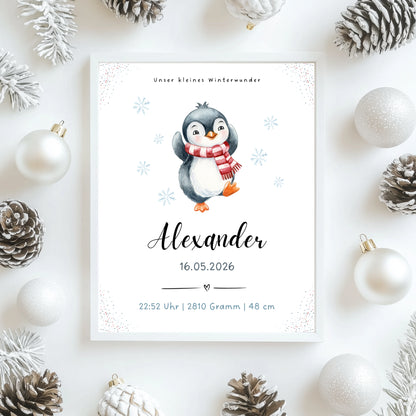 Personalisiertes Geburtsposter Winterbaby mit Pinguin zu Weihnachten Weihnachtsposter