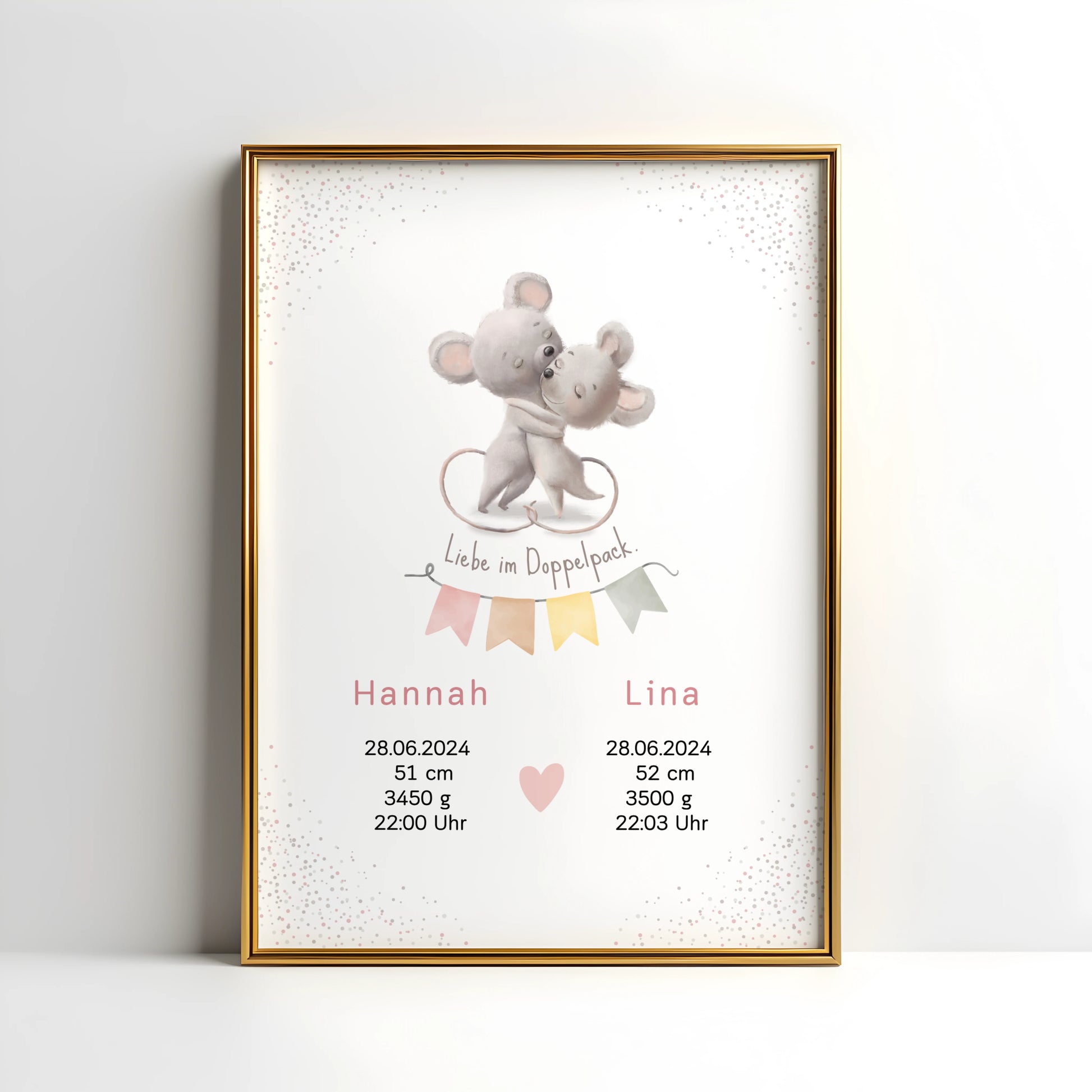 Personalisiertes Geburtsposter für Zwillinge mit niedlichen Mäusen und Geburtsdaten für Hannah und Lina.