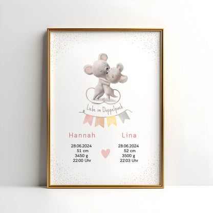 Personalisiertes Geburtsposter für Zwillinge mit niedlichen Mäusen und Geburtsdaten für Hannah und Lina.