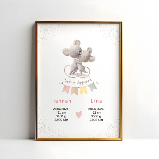 Personalisiertes Geburtsposter für Zwillinge mit niedlichen Mäusen und Geburtsdaten für Hannah und Lina.