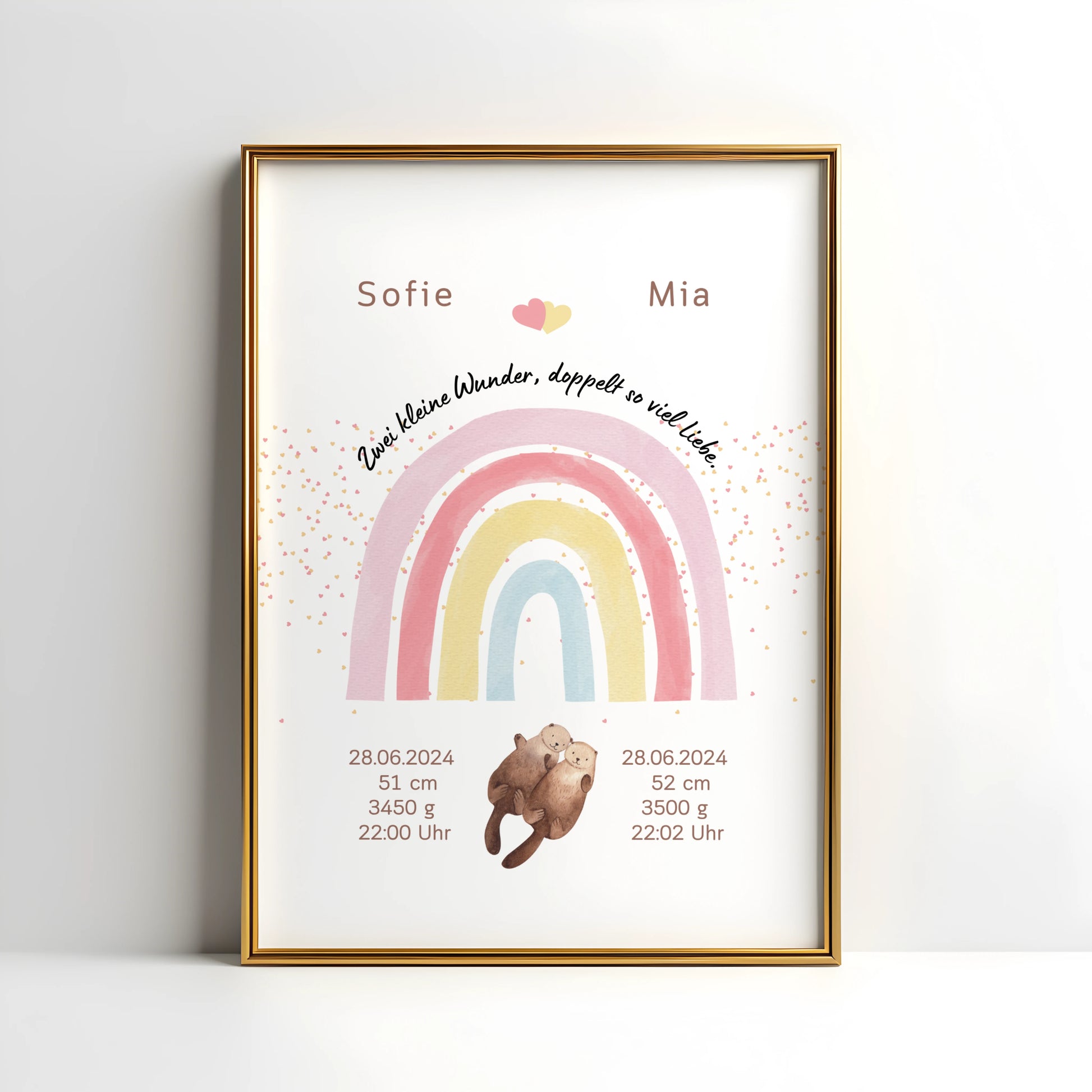 Personalisiertes Geburtsposter für Zwillinge mit Regenbogen und Otter, personalisierte Geschenke zur Geburt für Sofie und Mia.