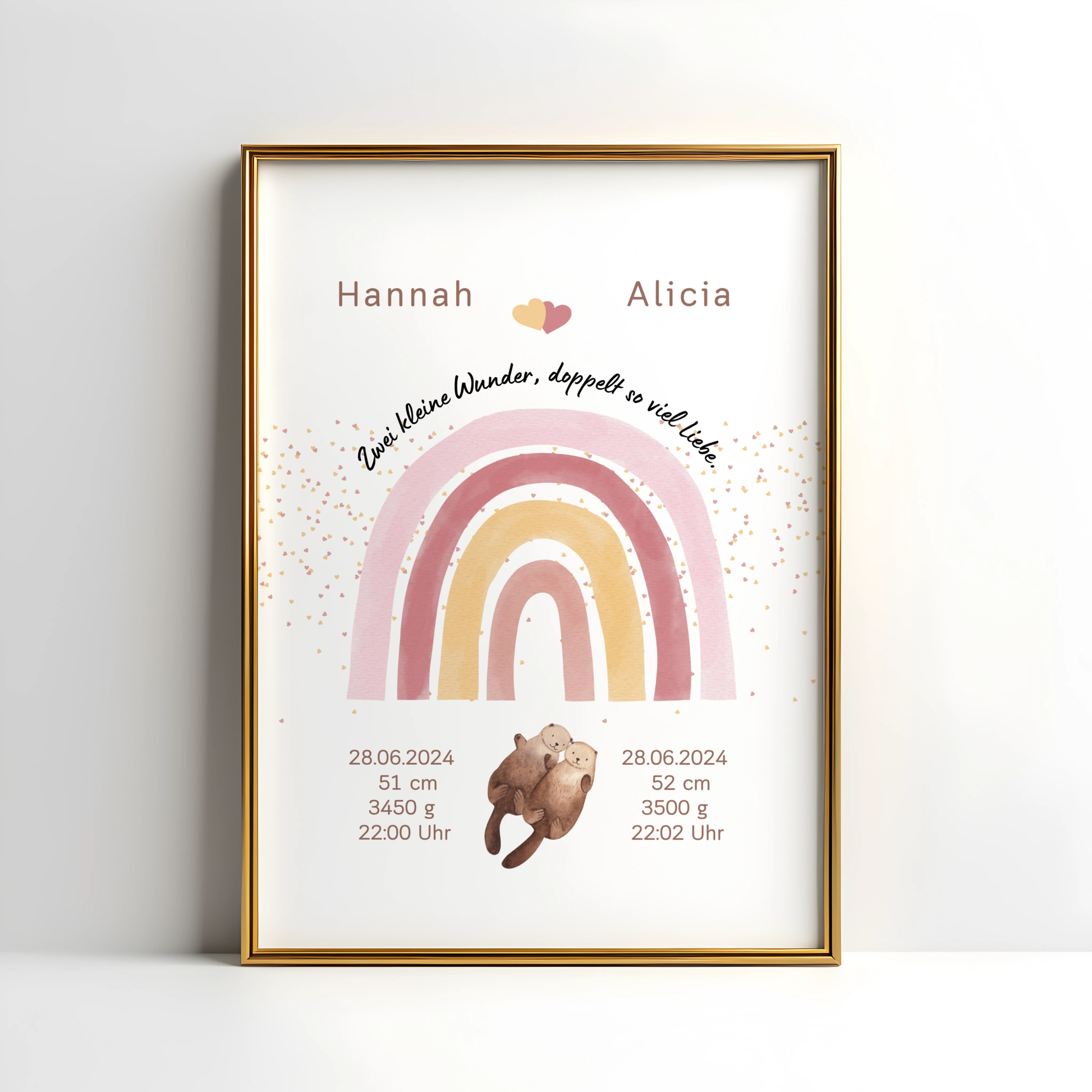 Personalisiertes Geburtsposter für Zwillinge mit Regenbogen und Otter, Namen und Geburtsdaten von Hannah und Alicia