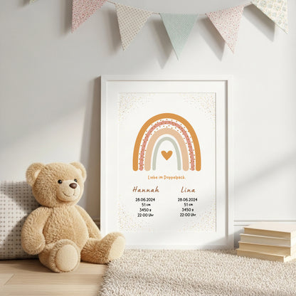 Personalisiertes Geburtsposter Babyposter für Zwillinge mit Regenbogen Motiv für das Babyzimmer