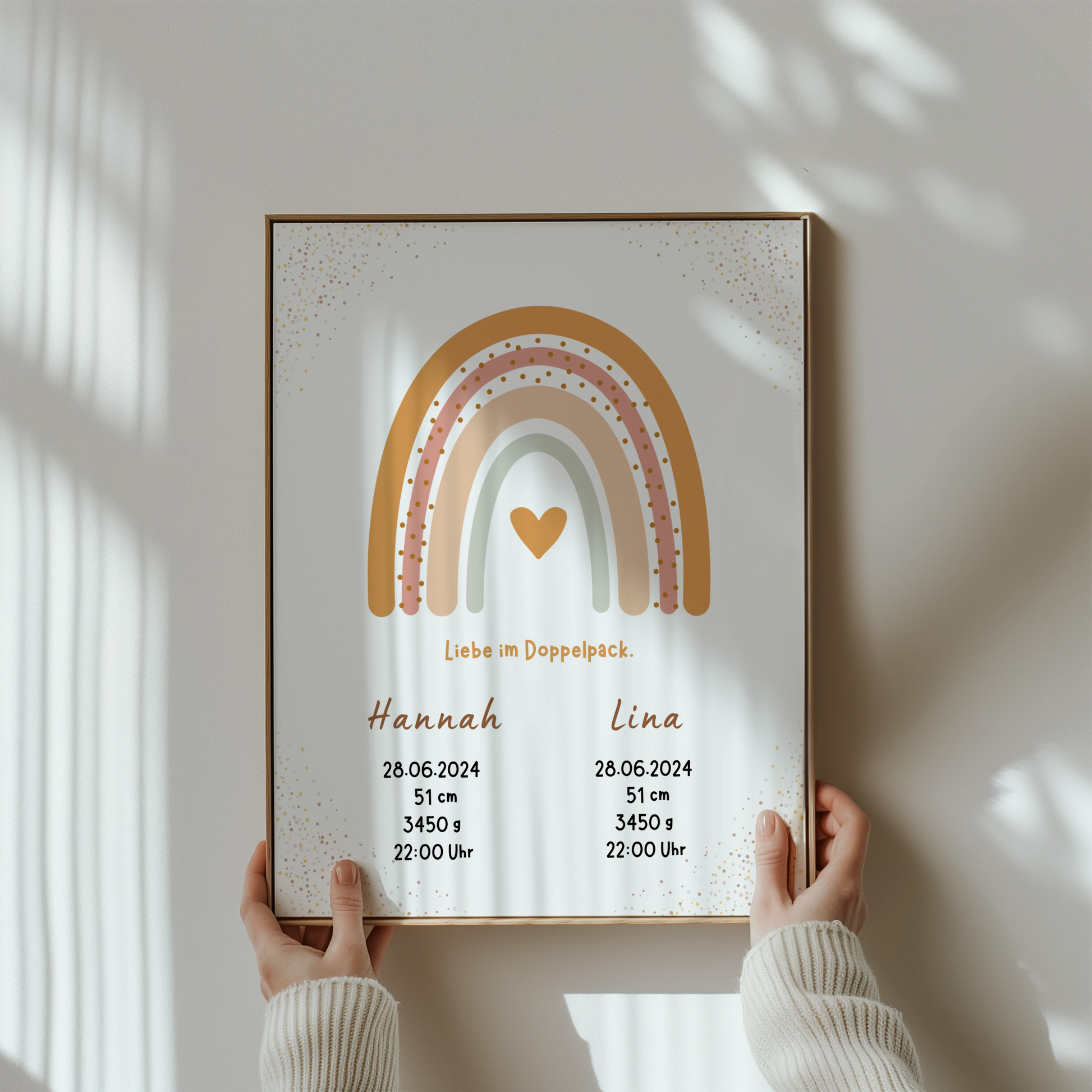 Liebevolles personalisiertes Geburtsposter mit Regenbogen für Zwillinge mit Name und Geburtsdaten