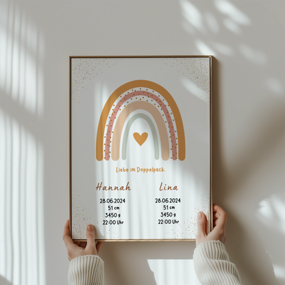 Liebevolles personalisiertes Geburtsposter mit Regenbogen für Zwillinge mit Name und Geburtsdaten