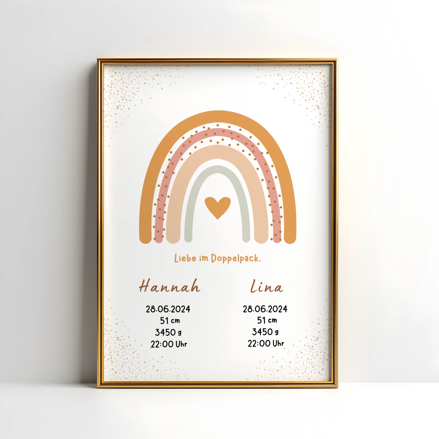 Personalisiertes Geburtsposter für Zwillinge mit Regenbogen und Geburtsdaten von Kibimemories
