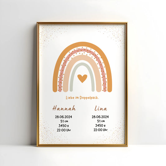 Personalisiertes Geburtsposter für Zwillinge mit Regenbogen und Geburtsdaten von Kibimemories