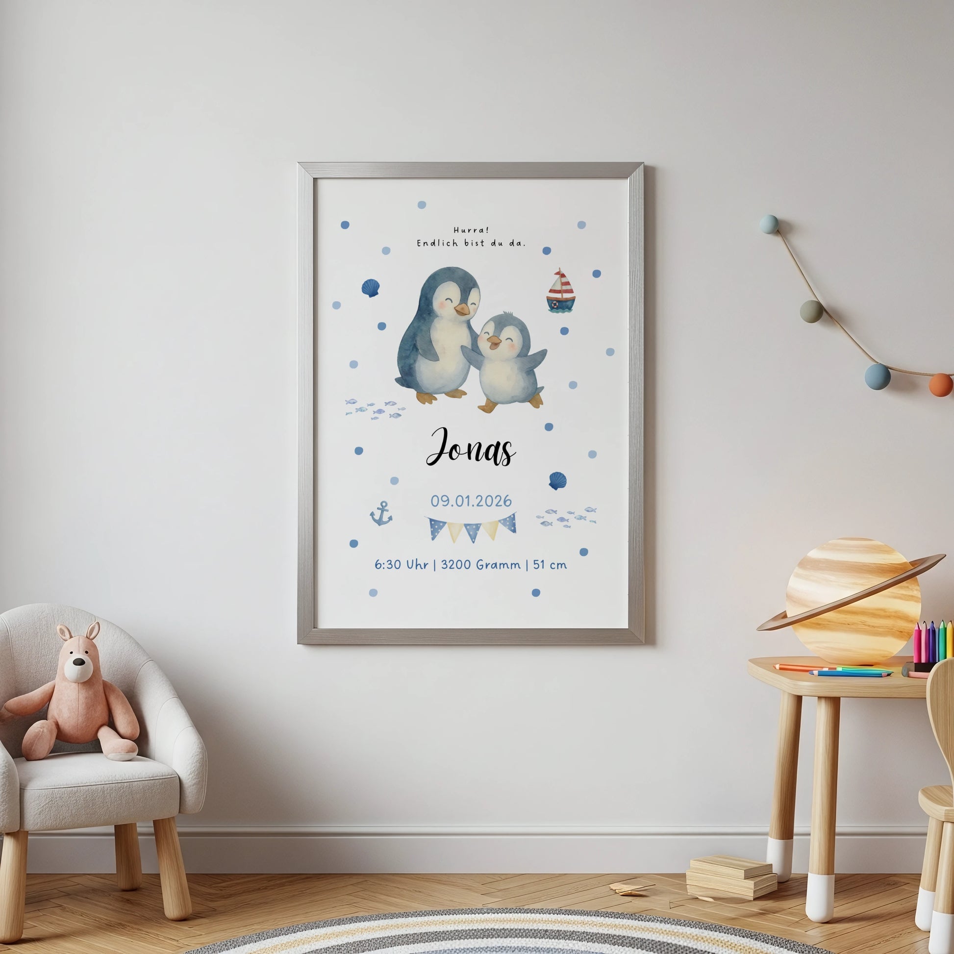 Personalisiertes Geburtsposter Pinguin mit Baby – Name & Geburtsdaten - Kibimemories