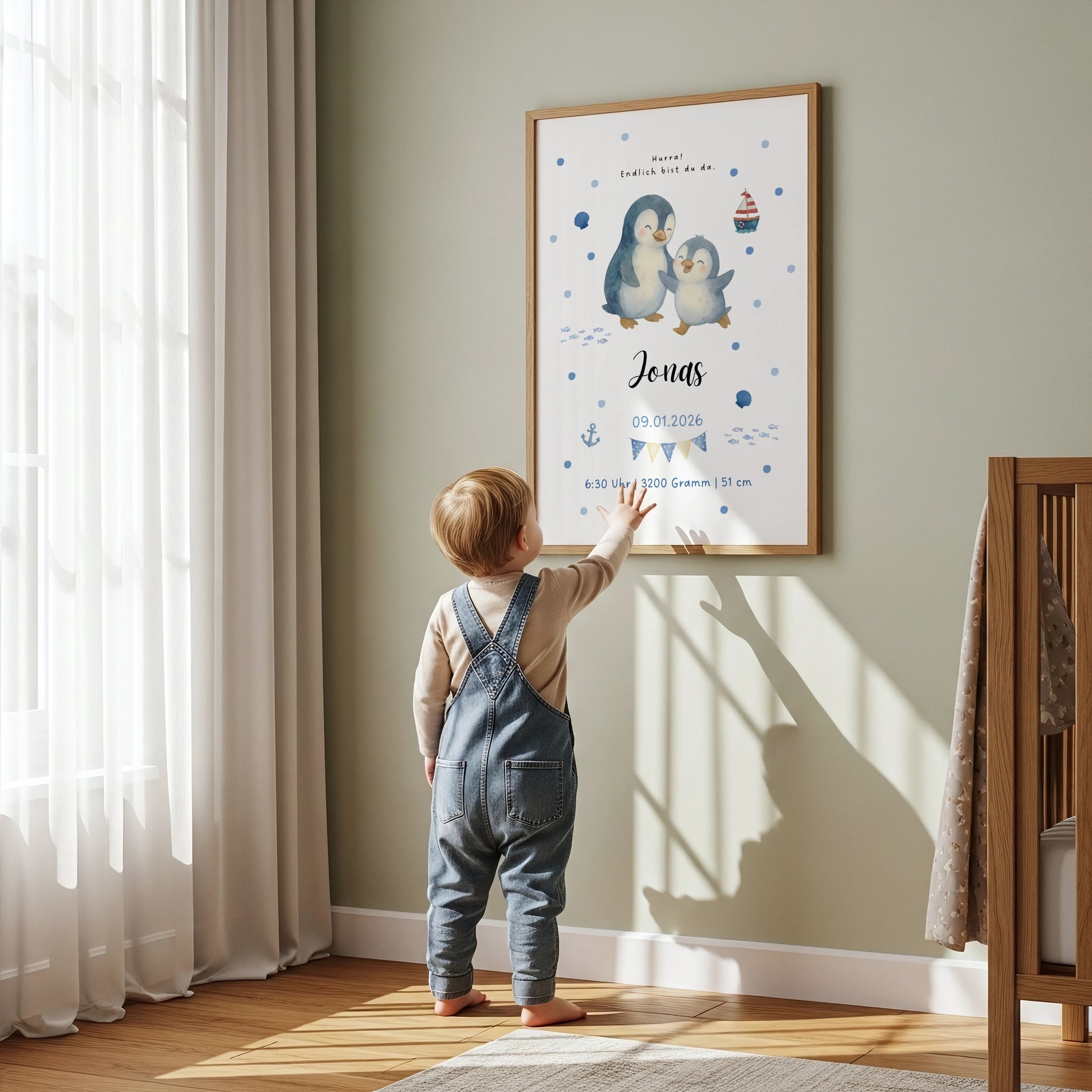 Personalisiertes Geburtsposter Baby Poster mit Pinguin Mama und Baby personalisiert mit Namen