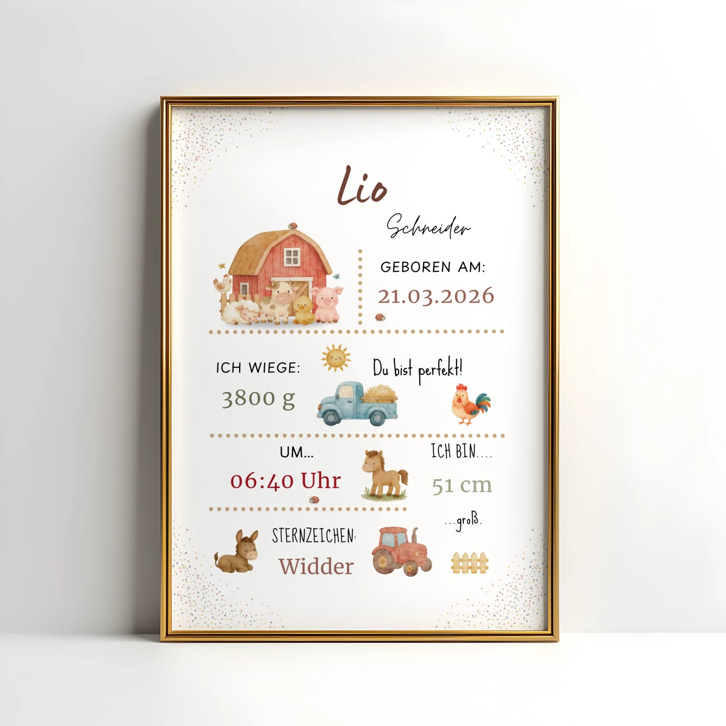 Personalisiertes Geburtsposter Bauernhof – Baby Poster mit Name & Geburtsdaten - Kibimemories