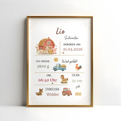 Personalisiertes Geburtsposter Bauernhof – Baby Poster mit Name & Geburtsdaten - Kibimemories