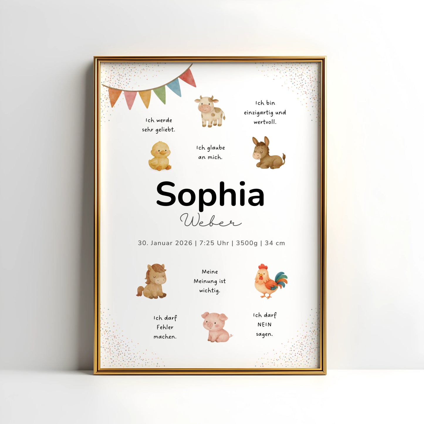 Personalisiertes Geburtsposter Bauernhof – Tiere mit Affirmationen, Name & Geburtsdaten - Kibimemories