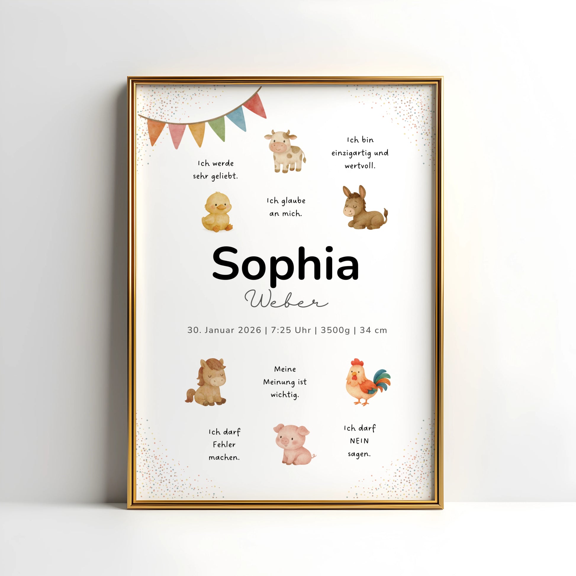Personalisiertes Geburtsposter Bauernhof – Tiere mit Affirmationen, Name & Geburtsdaten - Kibimemories