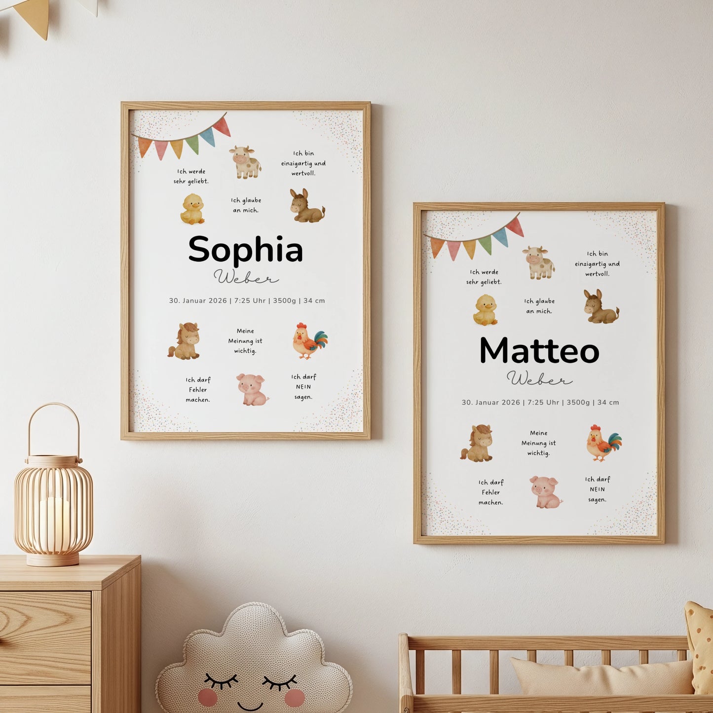 Personalisiertes Geburtsposter Bauernhof Affirmationsposter für Kinder mit niedlichen Tieren im Kinderzimmer