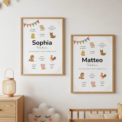Personalisiertes Geburtsposter Bauernhof Affirmationsposter für Kinder mit niedlichen Tieren im Kinderzimmer