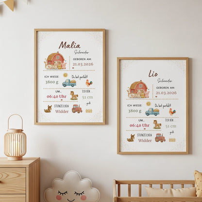 Personalisiertes Geburtsposter Bauernhof – Baby Poster mit Name & Geburtsdaten - Kibimemories