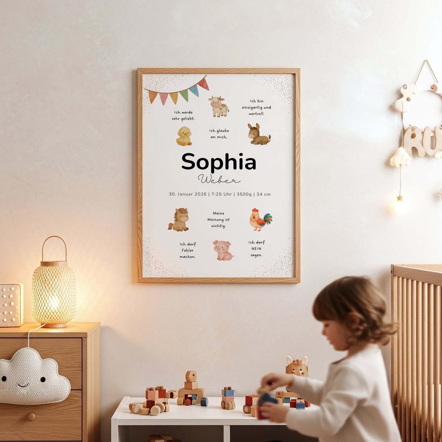 Personalisiertes Geburtsposter Kinderzimmer Poster mit Affirmationen und Bauernhof Tieren für Kinder