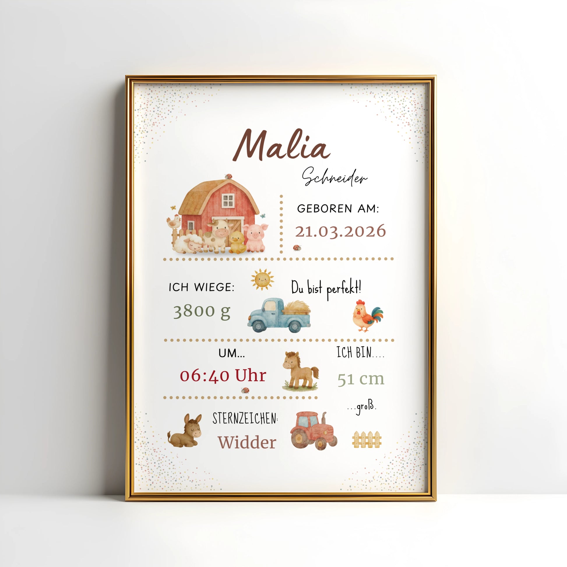 Personalisiertes Geburtsposter Bauernhof – Baby Poster mit Name & Geburtsdaten - Kibimemories