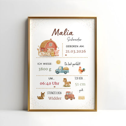 Personalisiertes Geburtsposter Bauernhof – Baby Poster mit Name & Geburtsdaten - Kibimemories