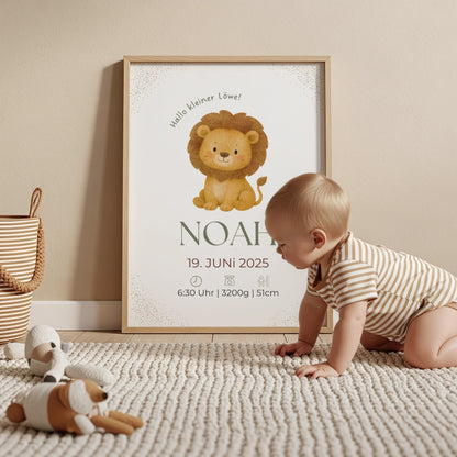 Personalisiertes Geburtsposter Löwe – Minimalistisches Design fürs Kinderzimmer - Kibimemories