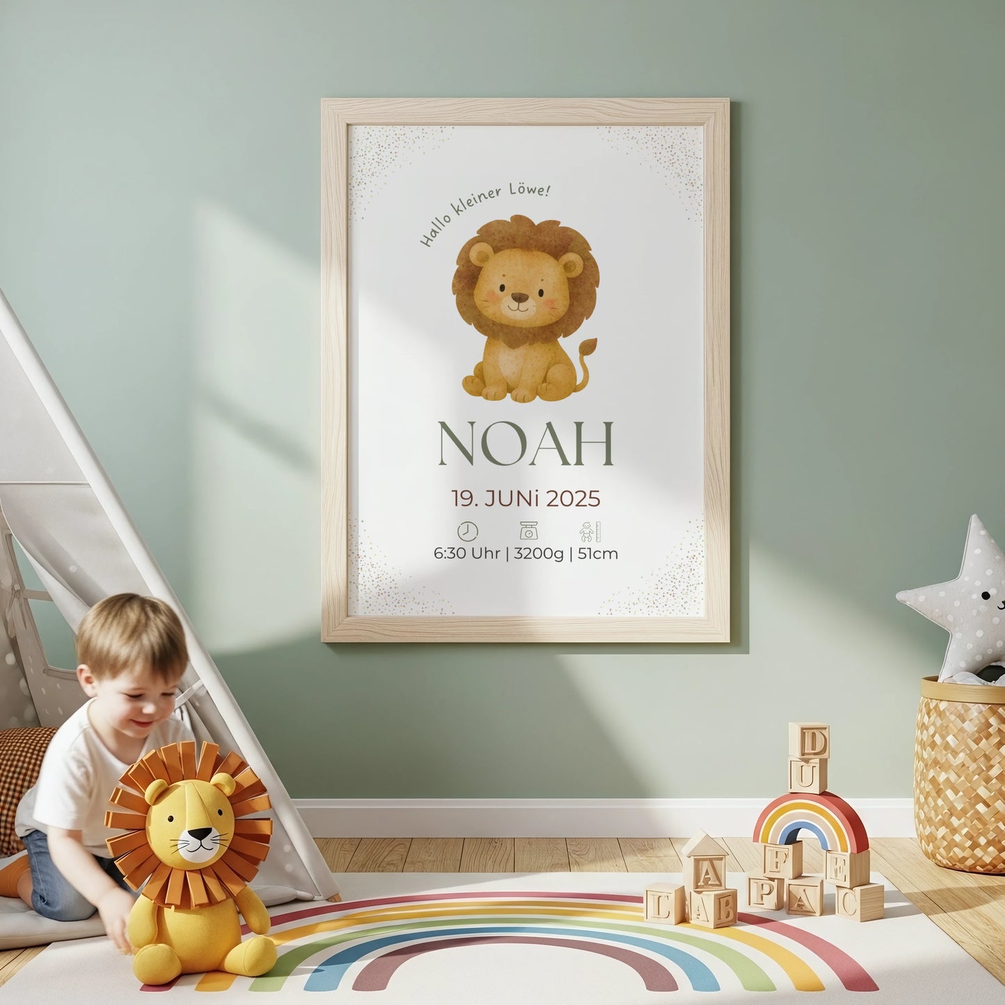 Personalisiertes Geburtsposter Löwe – Minimalistisches Design fürs Kinderzimmer - Kibimemories