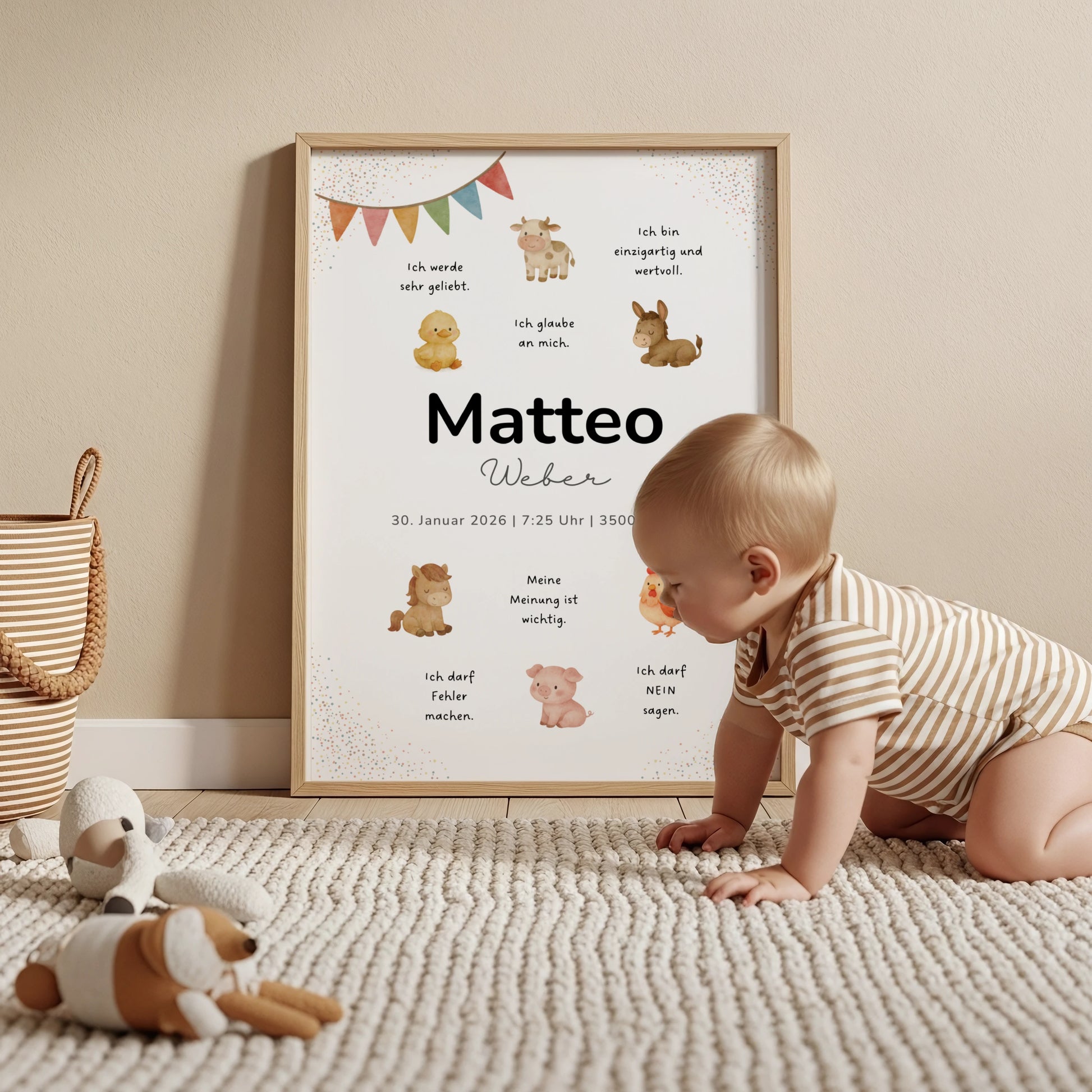 Personalisiertes Geburtsposter Bauernhof – Tiere mit Affirmationen, Name & Geburtsdaten - Kibimemories