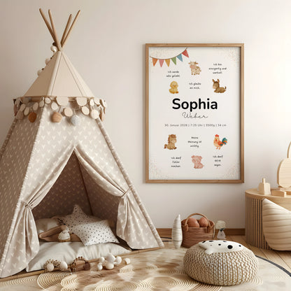 Positive Affirmationen personalisiertes Geburtsposter mit Bauernhof Motiven für Kinder