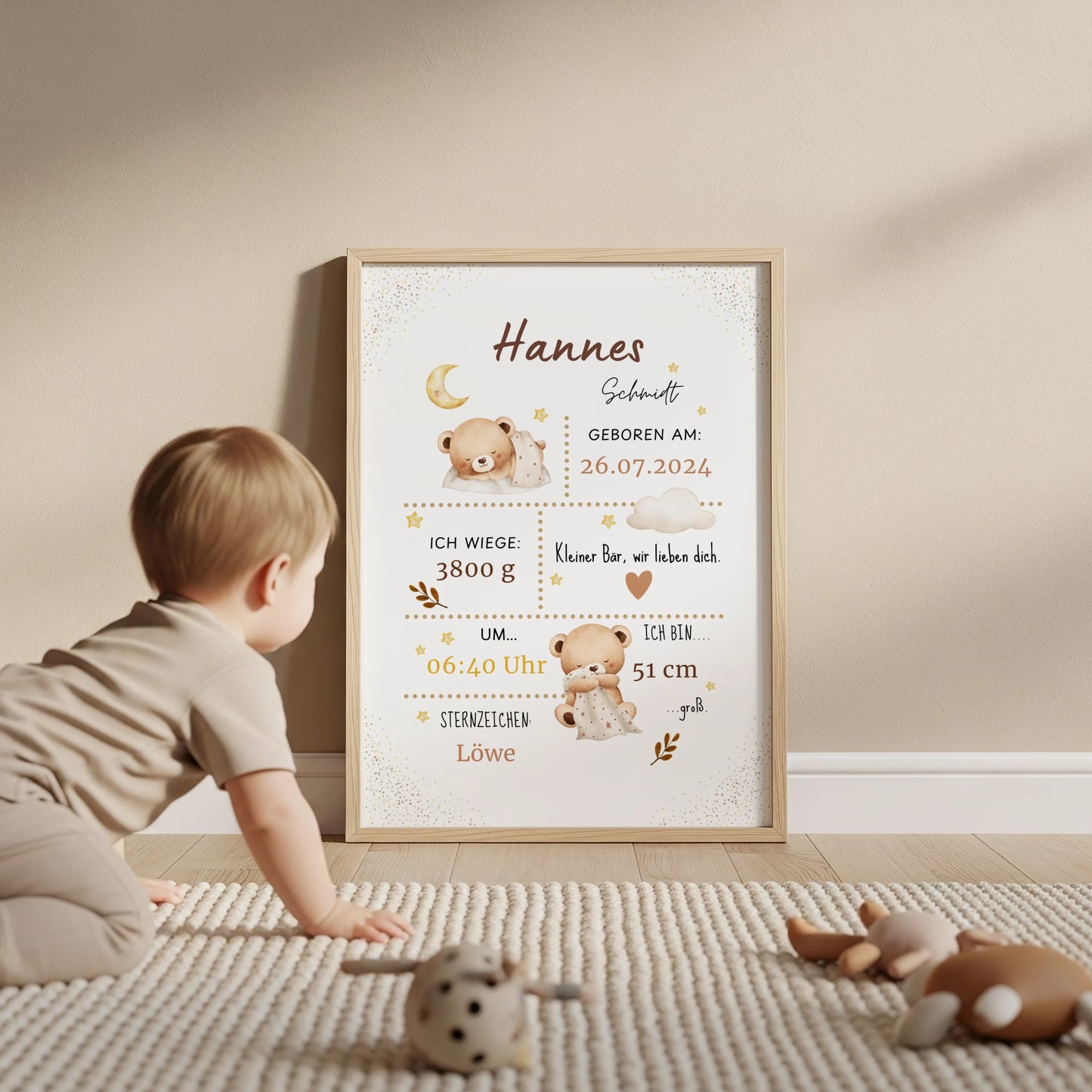Personalisiertes Geburtsposter Babyposter mit Name, Geburtsdatum, Uhrzeit, Gewicht und Größe im Bären Design