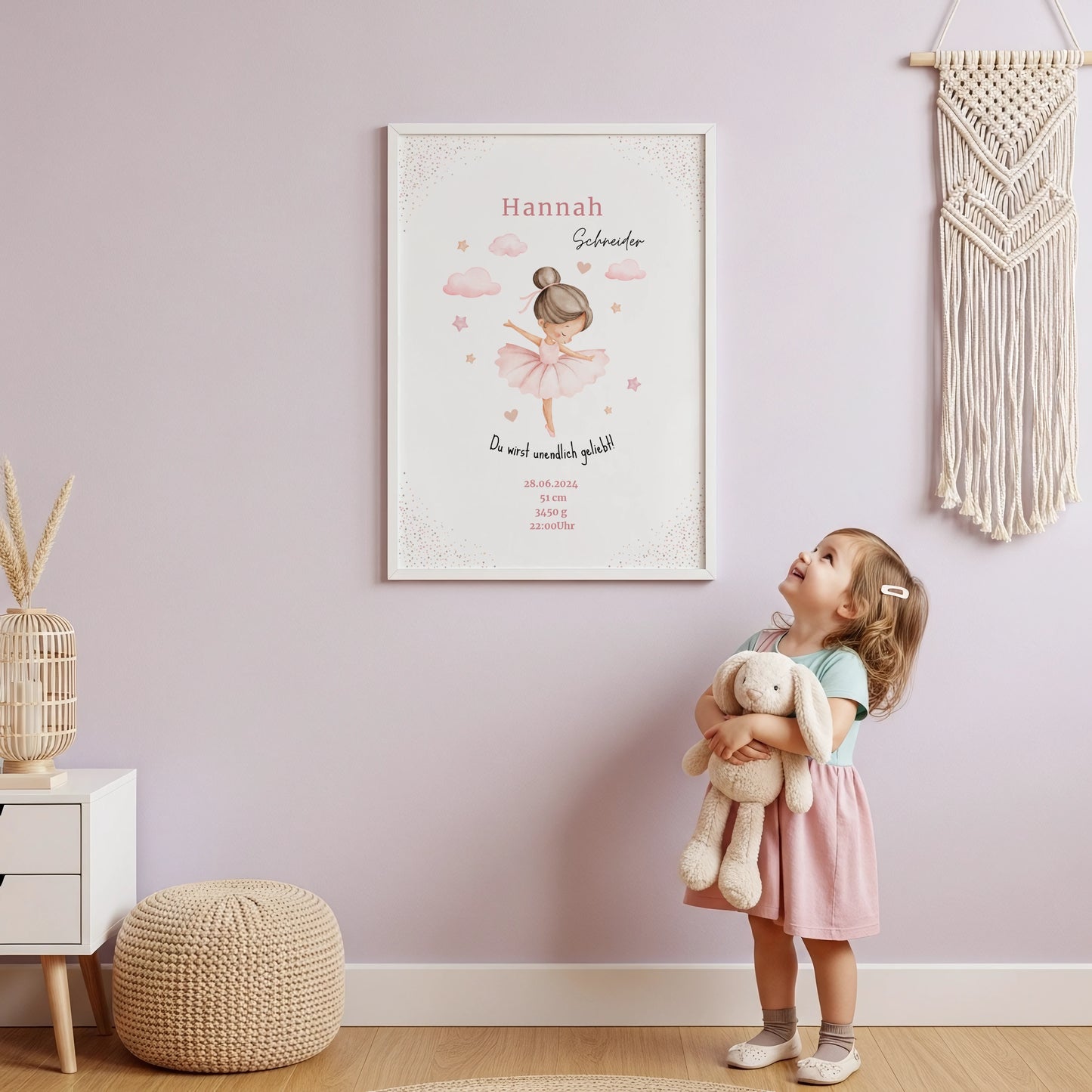 Rosa personalisiertes Geburtsposter mit Ballerina für Mädchen und allen wichtigen Daten zur Geburt