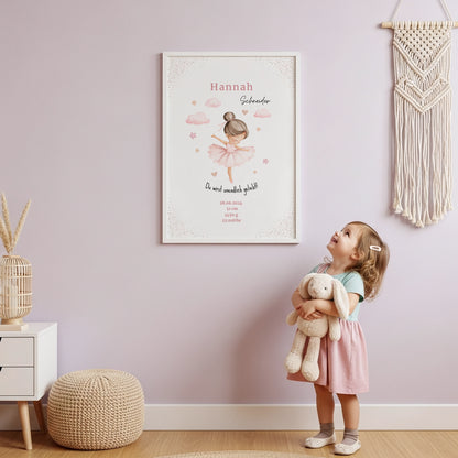 Rosa personalisiertes Geburtsposter mit Ballerina für Mädchen und allen wichtigen Daten zur Geburt