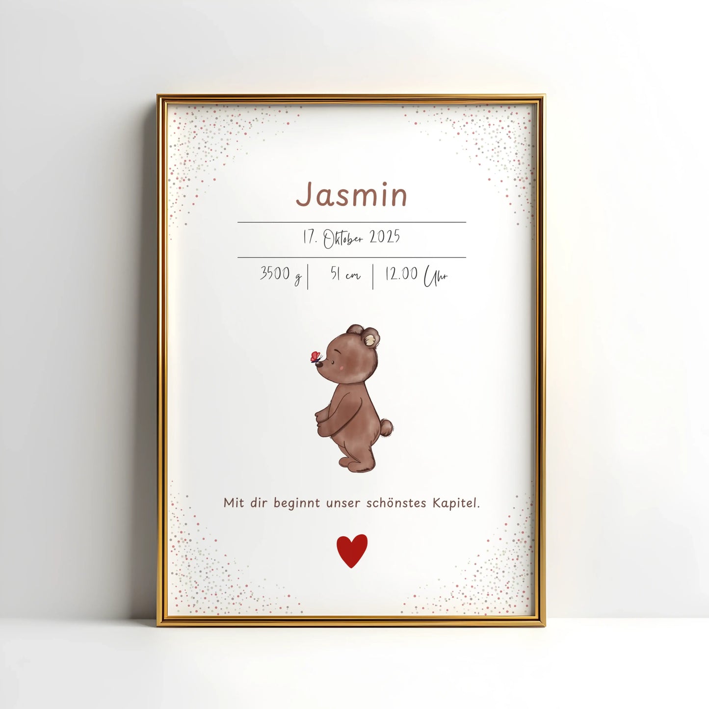 Personalisiertes Geburtsposter „Schmetterling“ mit Bärenmotiv und personalisierten Geburtsdaten.