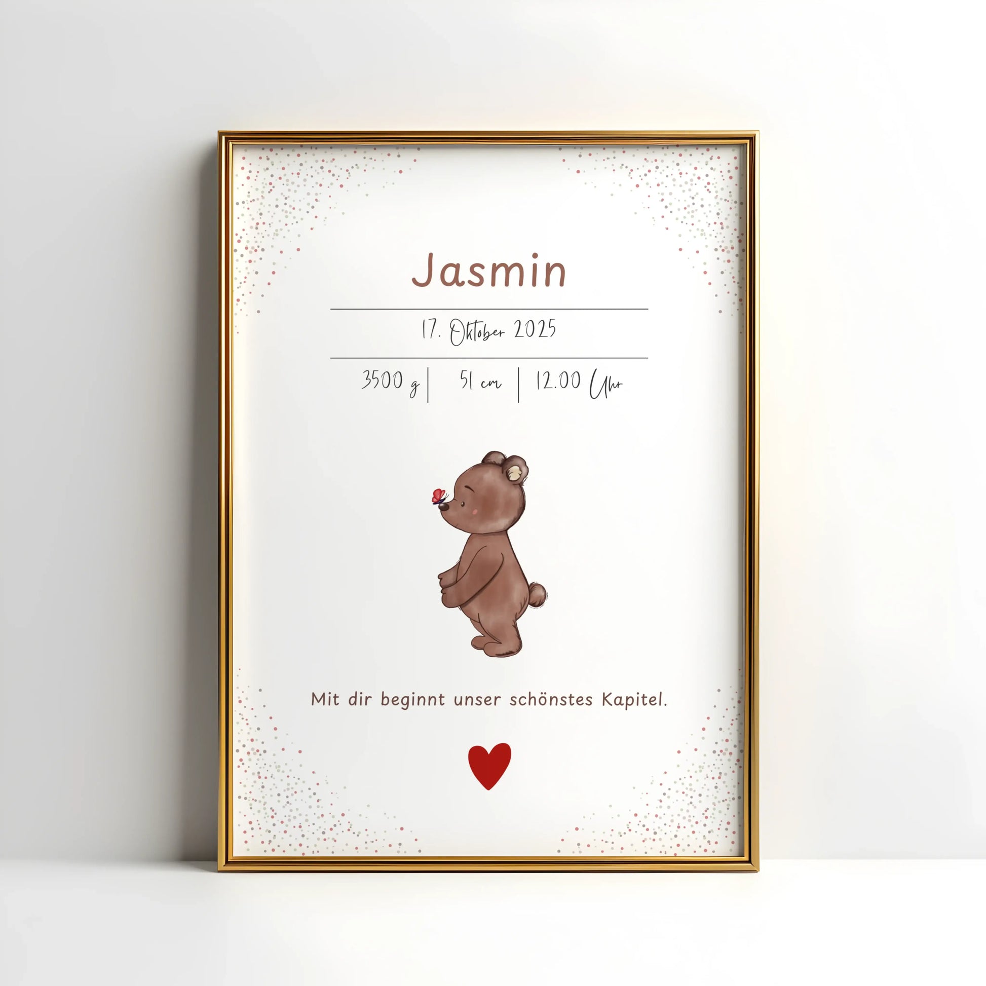 Personalisiertes Geburtsposter „Schmetterling“ mit Bärenmotiv und personalisierten Geburtsdaten.