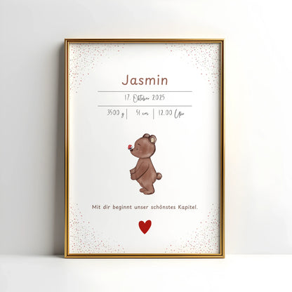 Personalisiertes Geburtsposter „Schmetterling“ mit Bärenmotiv und personalisierten Geburtsdaten.