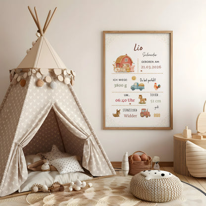 Personalisiertes Geburtsposter Bauernhof – Baby Poster mit Name & Geburtsdaten - Kibimemories