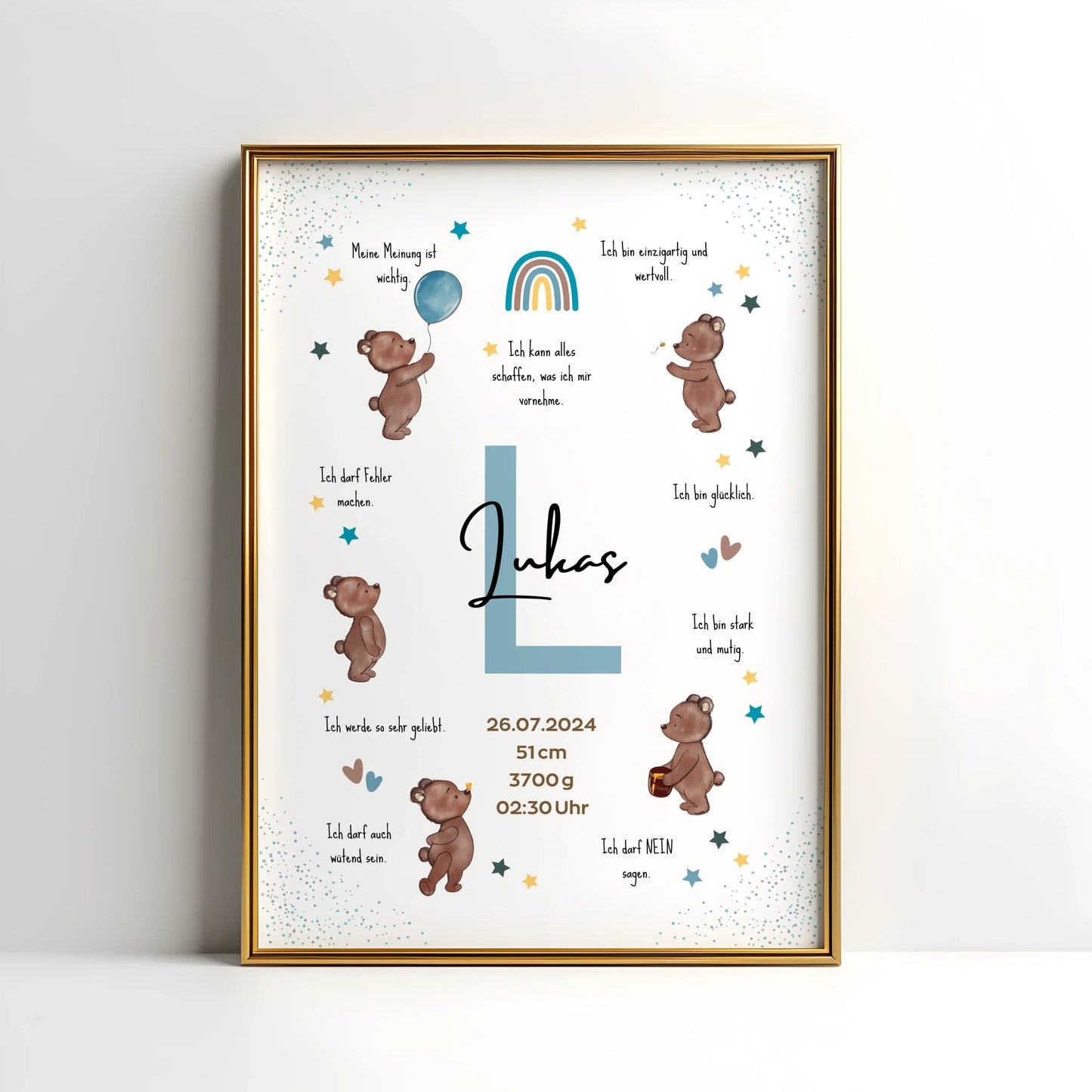 Personalisiertes Affirmationsposter mit Name, Geburtsdaten und liebevollen Botschaften – Geburtsposter mit Bärenmotiv für starke Kinder und das Kinderzimmer
