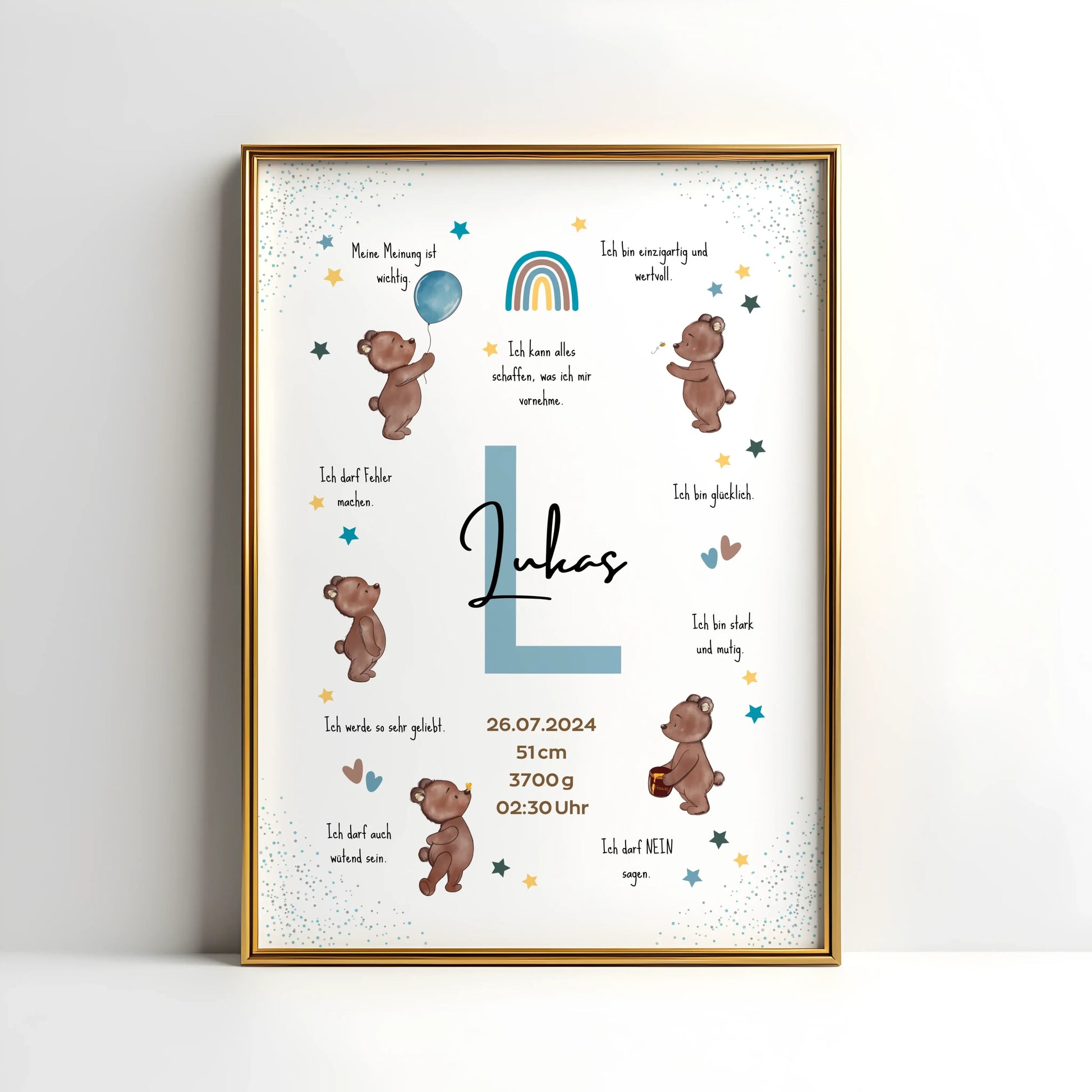 Personalisiertes Affirmationsposter mit Name, Geburtsdaten und liebevollen Botschaften – Geburtsposter mit Bärenmotiv für starke Kinder und das Kinderzimmer
