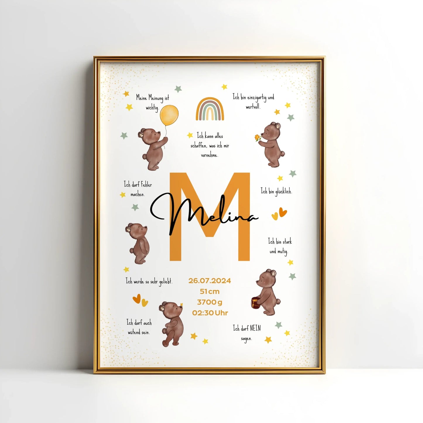 Personalisiertes Affirmationsposter mit Name, Geburtsdaten und liebevollen Botschaften – Geburtsposter mit Bärenmotiv für starke Kinder und das Kinderzimmer