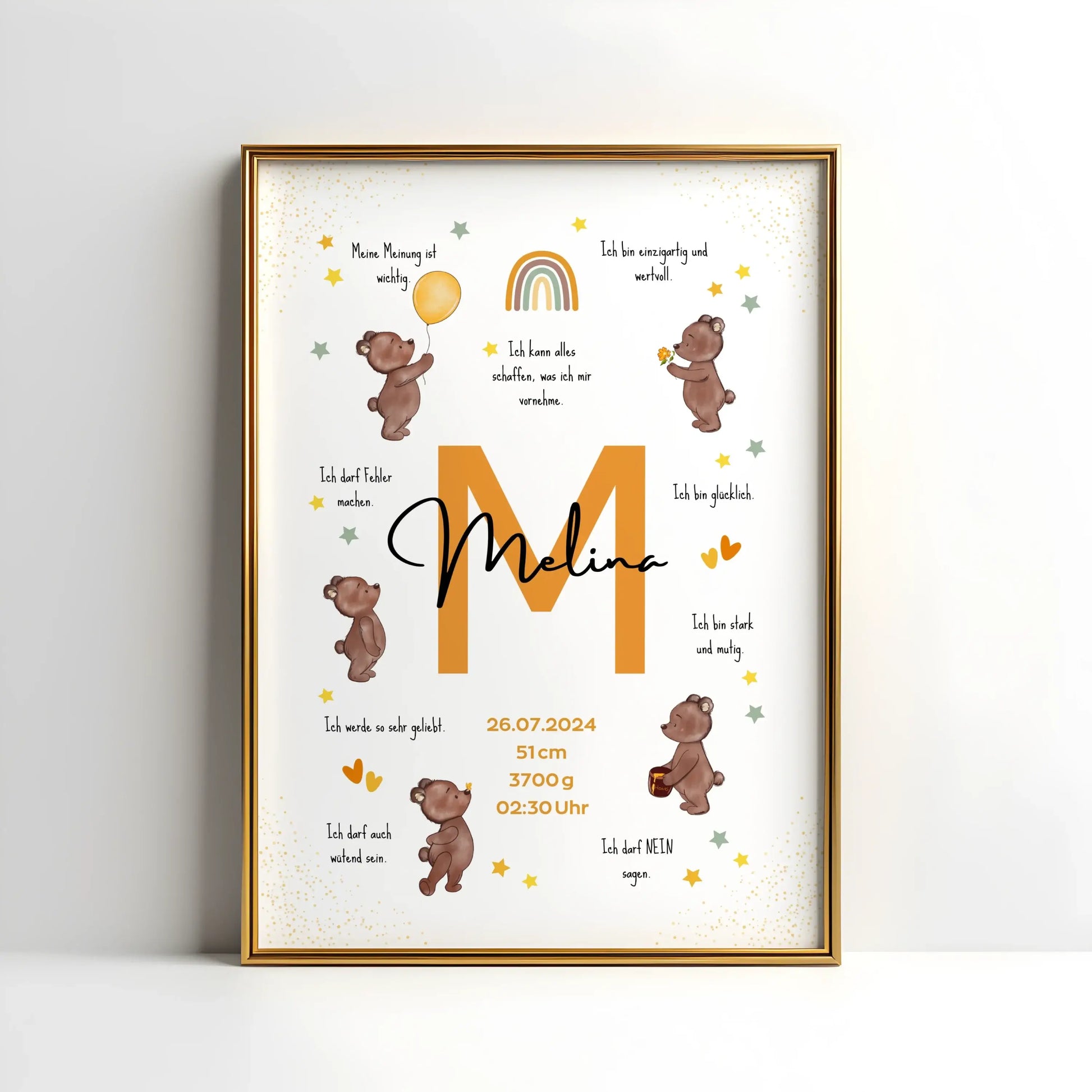 Personalisiertes Affirmationsposter mit Name, Geburtsdaten und liebevollen Botschaften – Geburtsposter mit Bärenmotiv für starke Kinder und das Kinderzimmer