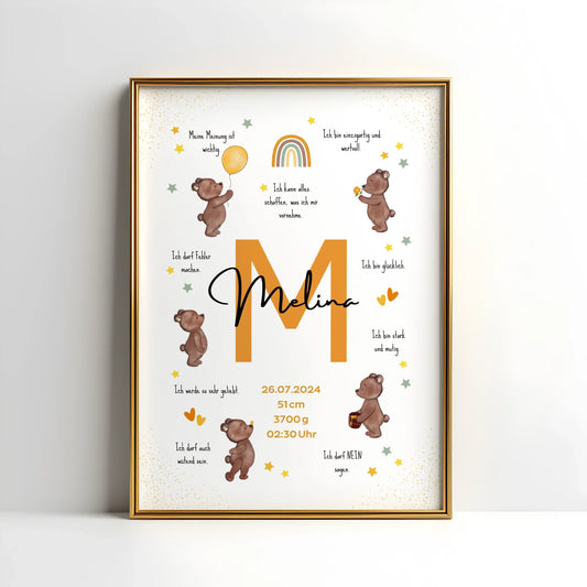 Personalisiertes Affirmationsposter mit Name, Geburtsdaten und liebevollen Botschaften – Geburtsposter mit Bärenmotiv für starke Kinder und das Kinderzimmer