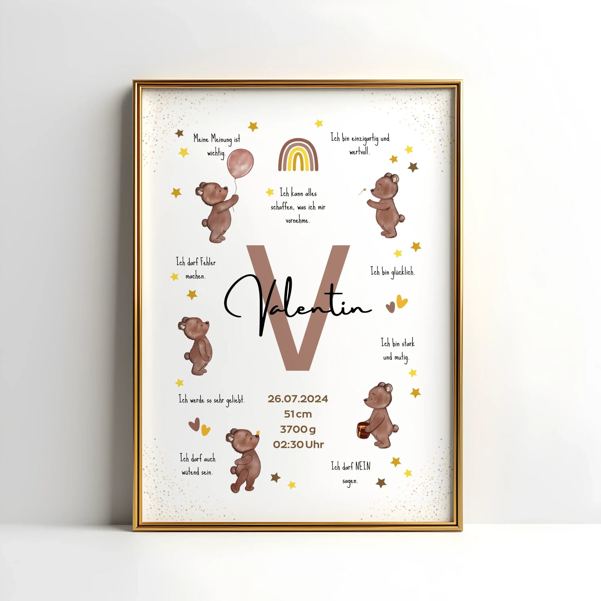 Personalisiertes Affirmationsposter mit Name, Geburtsdaten und liebevollen Botschaften – Geburtsposter mit Bärenmotiv für starke Kinder und das Kinderzimmer