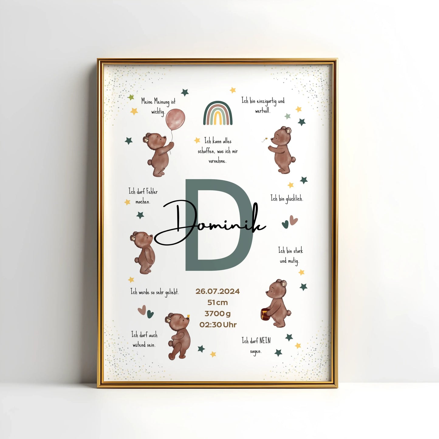 Personalisiertes Affirmationsposter mit Name, Geburtsdaten und liebevollen Botschaften – Geburtsposter mit Bärenmotiv für starke Kinder und das Kinderzimmer
