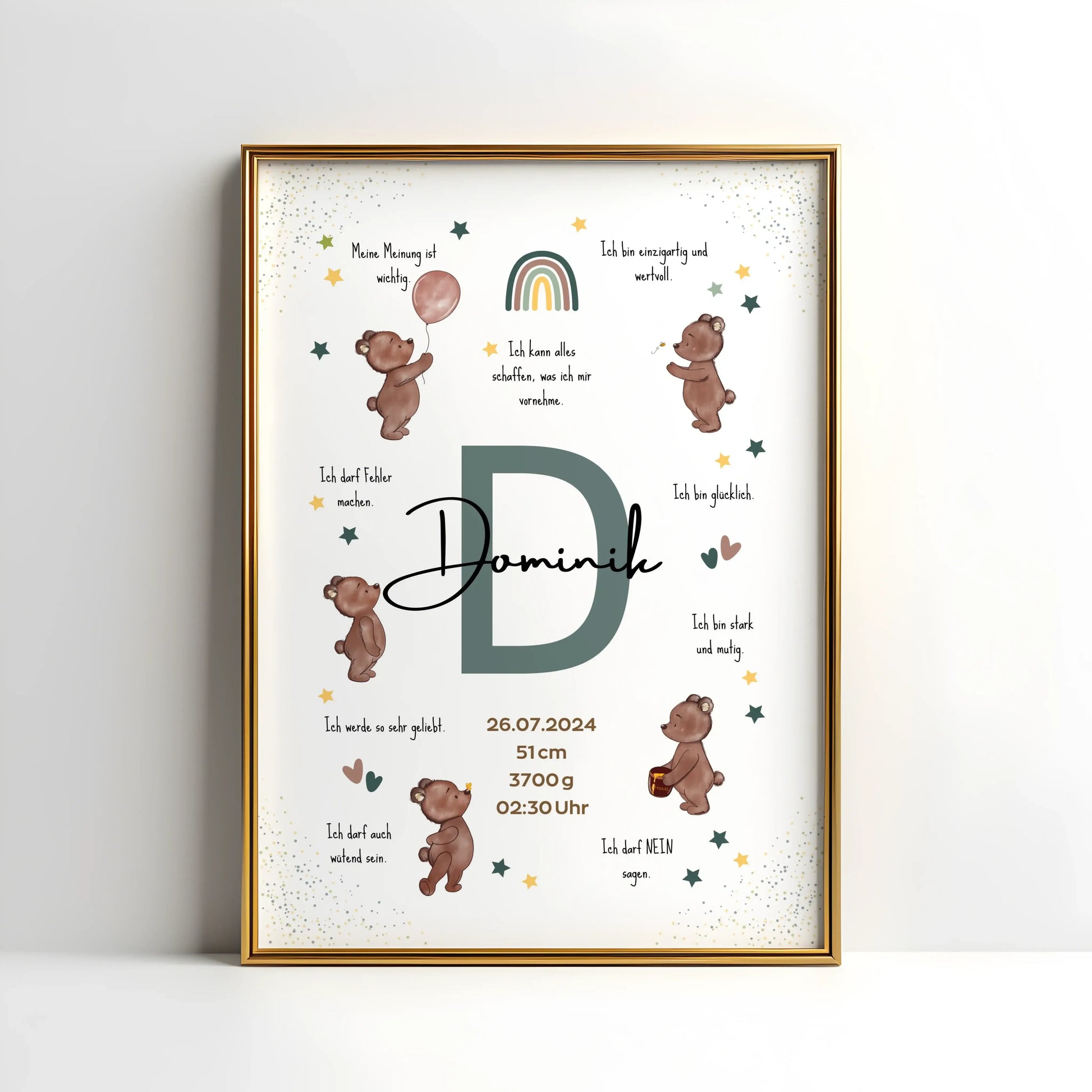 Personalisiertes Affirmationsposter mit Name, Geburtsdaten und liebevollen Botschaften – Geburtsposter mit Bärenmotiv für starke Kinder und das Kinderzimmer