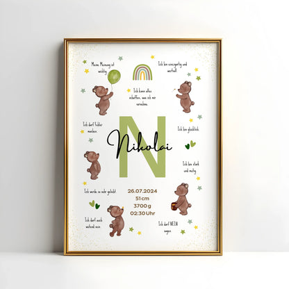 Personalisiertes Affirmationsposter mit Name, Geburtsdaten und liebevollen Botschaften – Geburtsposter mit Bärenmotiv für starke Kinder und das Kinderzimmer