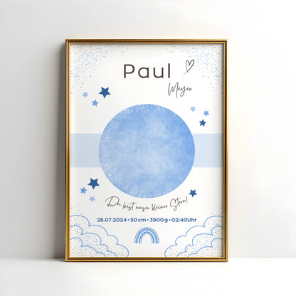 Personalisiertes Geburtsposter mit Sternenhimmel und Fußabdrücken – mit Namen, Geburtsdatum, Uhrzeit, Gewicht und Größe – ideales Geschenk zur Geburt und stilvolle Kinderzimmer-Deko