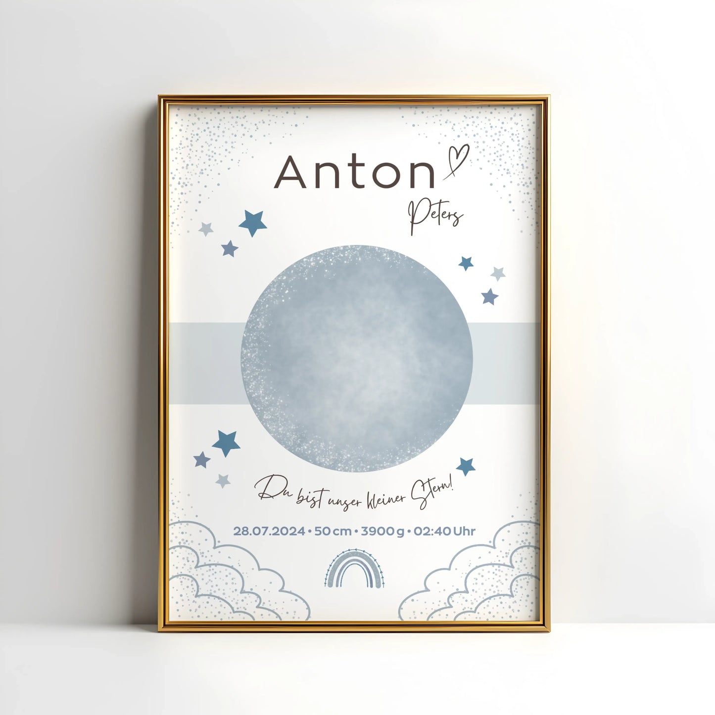 Personalisiertes Geburtsposter mit Sternenhimmel und Fußabdrücken – mit Namen, Geburtsdatum, Uhrzeit, Gewicht und Größe – ideales Geschenk zur Geburt und stilvolle Kinderzimmer-Deko